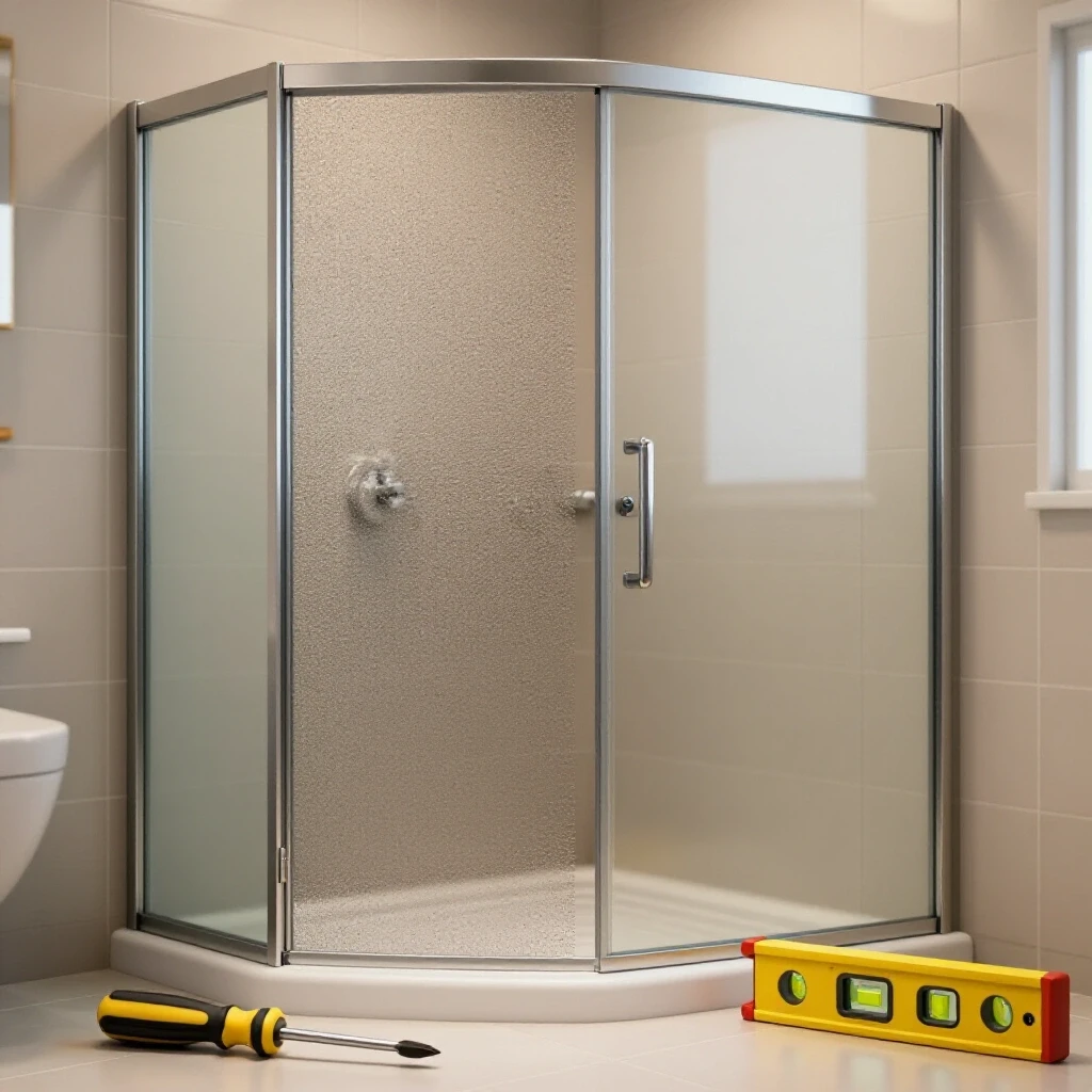 Partially disassembled shower door with tools in a stylish tiled bathroom showcasing DIY home repair.