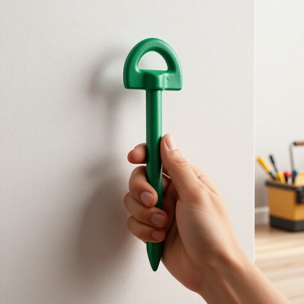 Close-up of hand holding a wall anchor against textured wall with blurred toolbox in background, warm lighting.