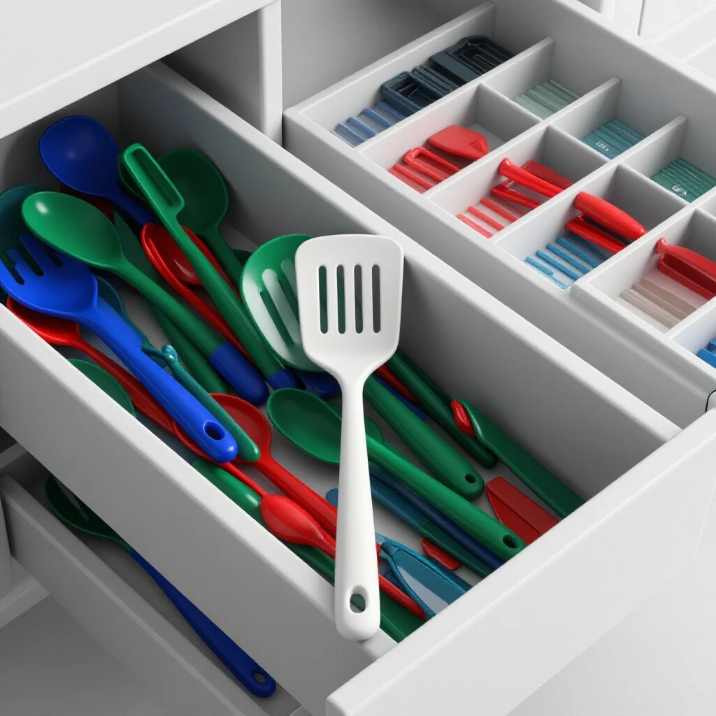 A vibrant spatula drawer scene showcasing chaos with colorful mismatched utensils and a neat, organized side for effective storage.