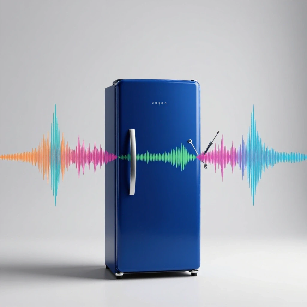 A modern blue refrigerator with sound waves and DIY tools emanating in a bright studio setting.