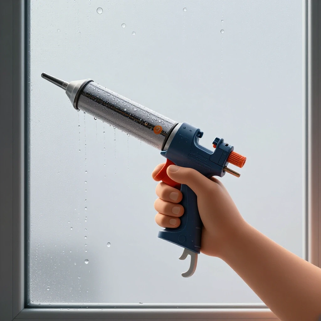 Close-up of a hand with a caulking gun against a window with water droplets, symbolizing fixing a leak.