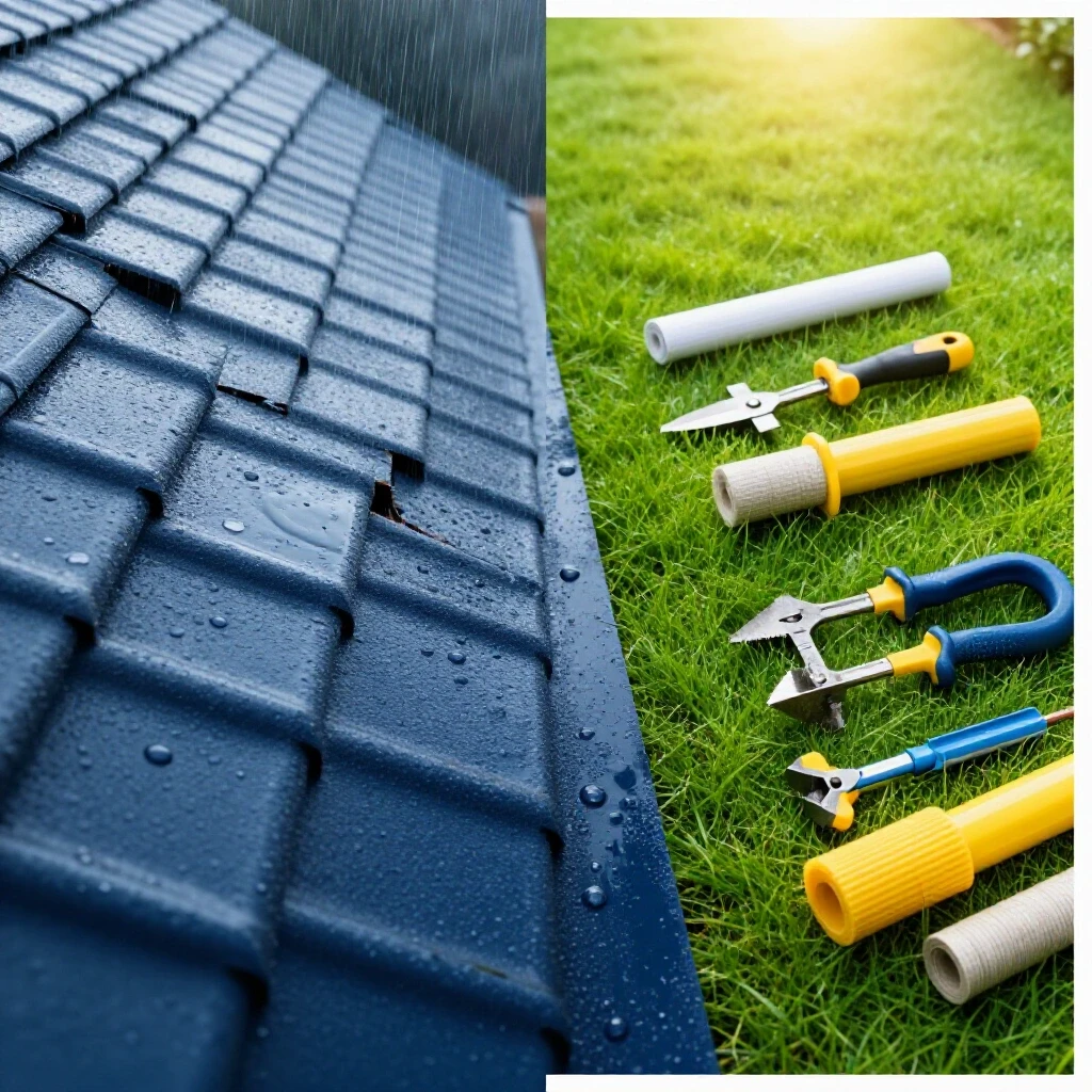 A split scene illustrating a damaged roof leaking water on one side and a sunny view of roofing tools and materials on the other side, representing repair.