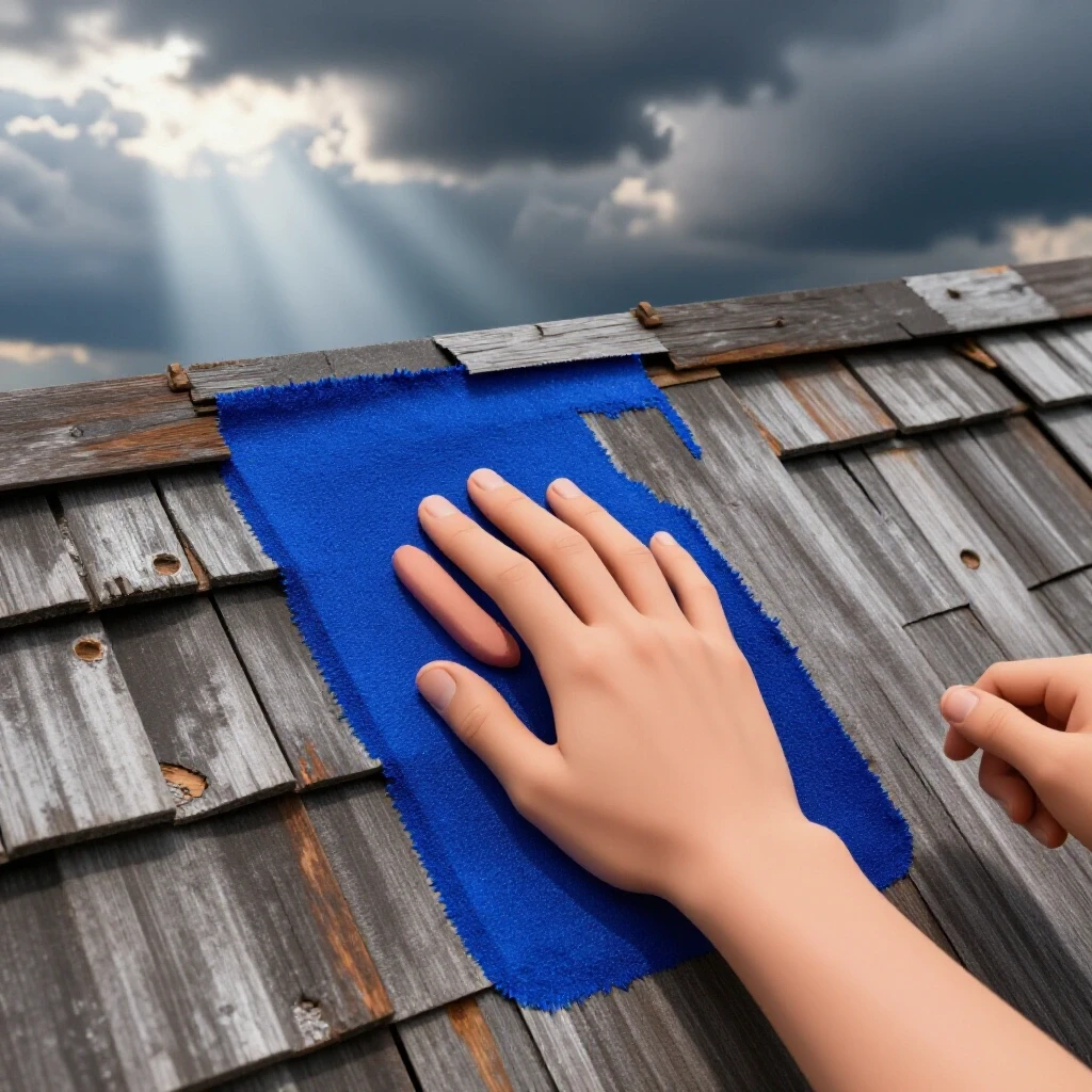 A close-up of a hand applying a vibrant blue patch to a weathered shed roof with storm clouds and sunlight in the background.