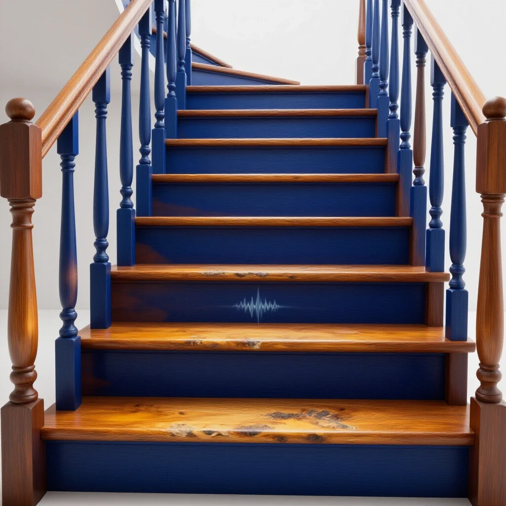 A beautifully restored wooden staircase with a contrasting worn-out step in the foreground, showcasing transformation and repair.