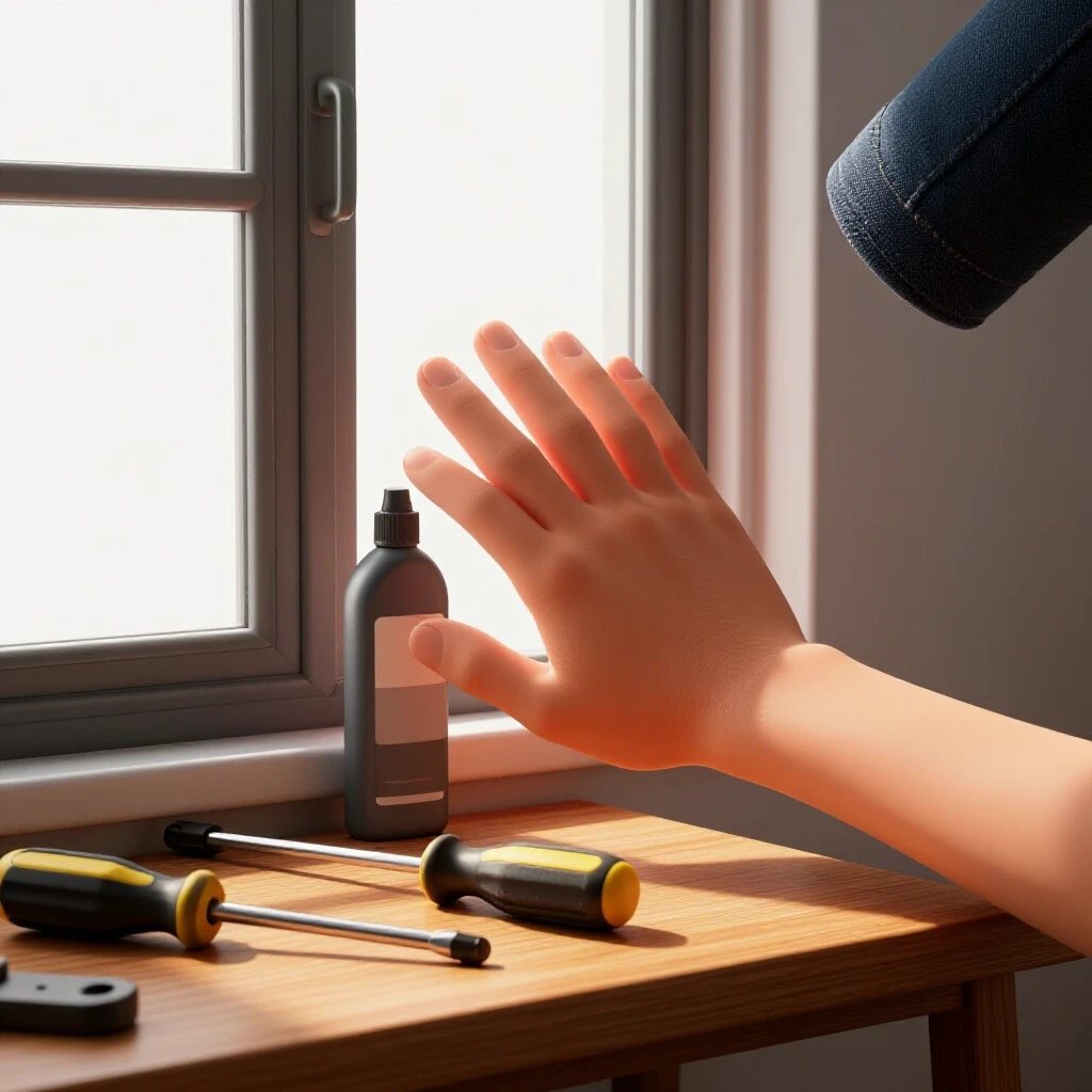 A hand pushing a slightly open window with tools like a screwdriver and lubricant on the table, illuminated by sunlight.