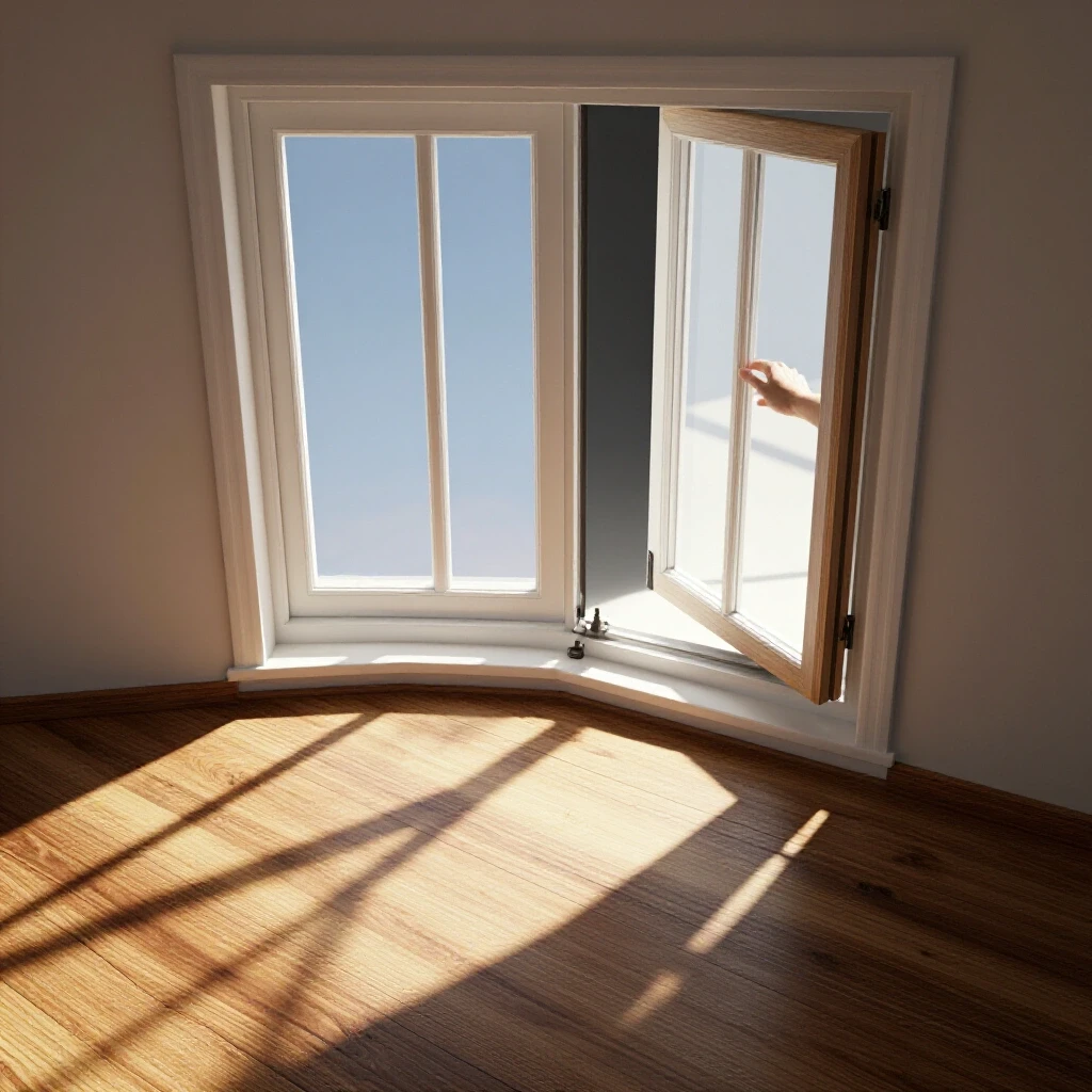 A partially open window with sunlight streaming through onto a rustic wooden floor, highlighting effective solutions for stuck windows.