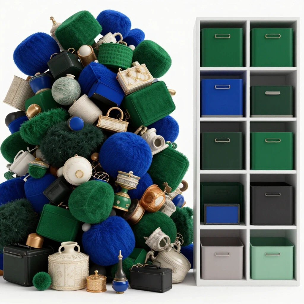 A contrasting image of a chaotic pile of keepsakes on one side and a neatly organized storage space on the other, illustrating decluttering.