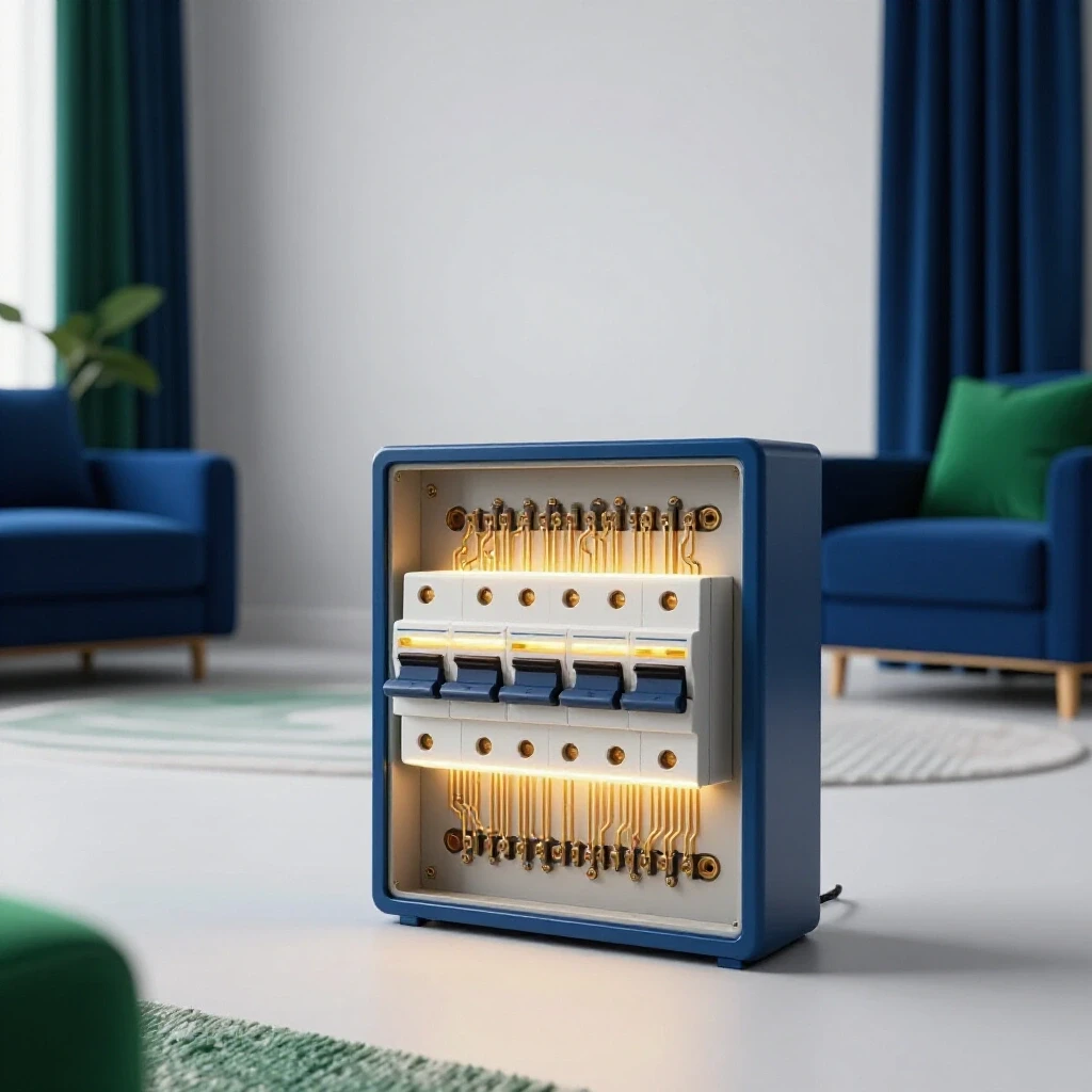 A warm and inviting home interior featuring a glowing circuit breaker box, symbolizing safety and comfort.