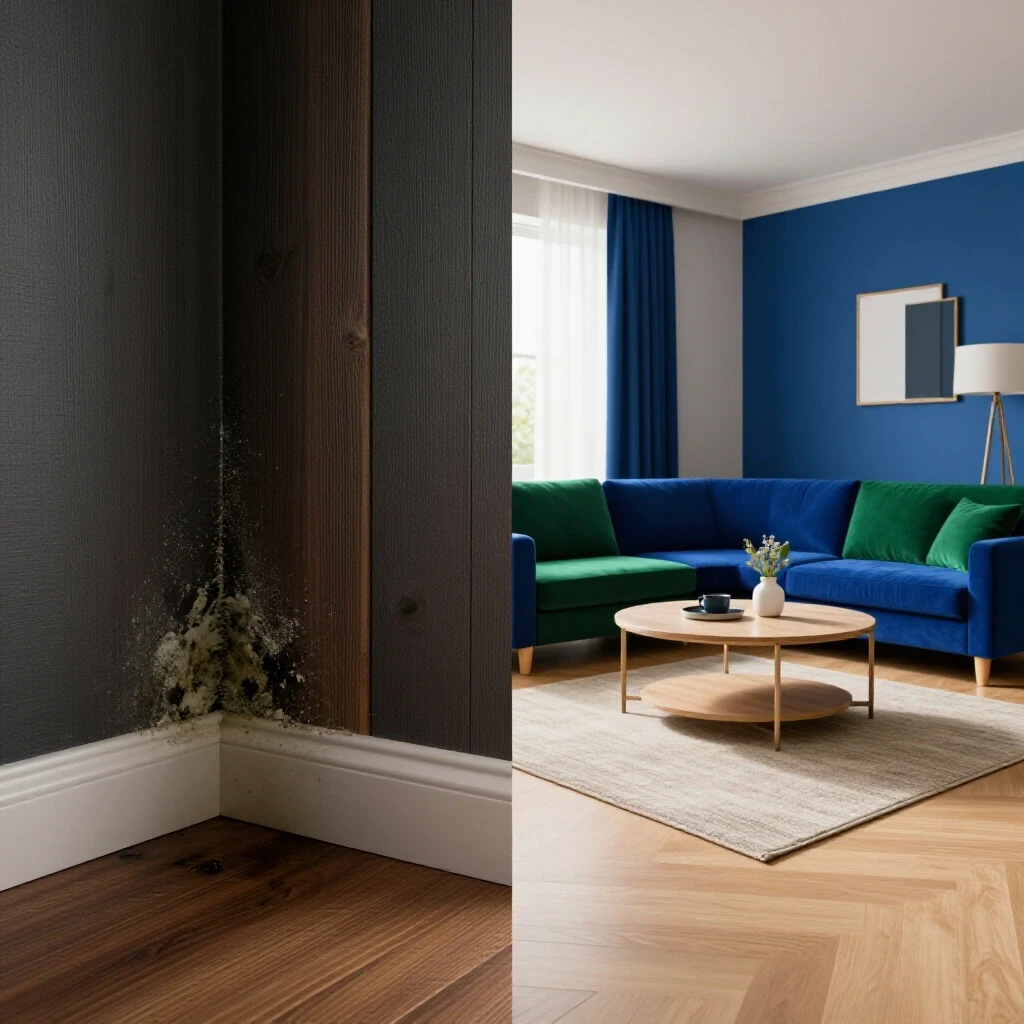 A split image showing a dark, moldy corner transitioning to a bright, restored living space, illustrating home mold remediation.