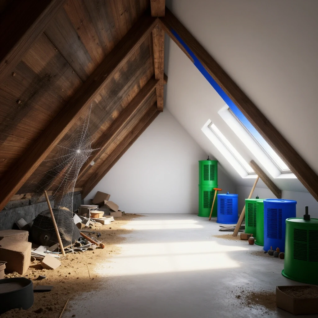 A 3D visualization contrasting a dark, dusty attic with a bright, sunny attic showcasing effective ventilation solutions.