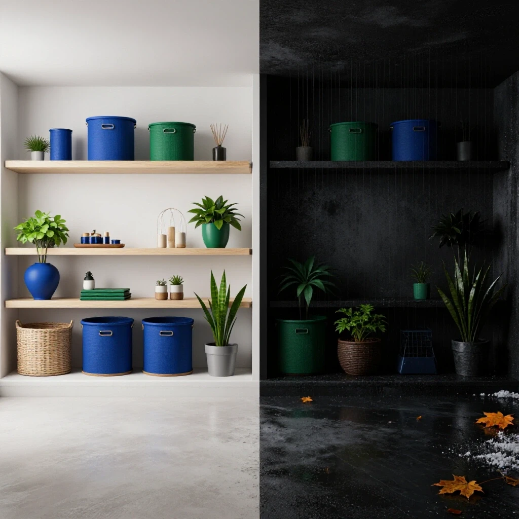 A visual representation of a basement split between a dry, inviting space and a damp, gloomy area with seasonal elements.