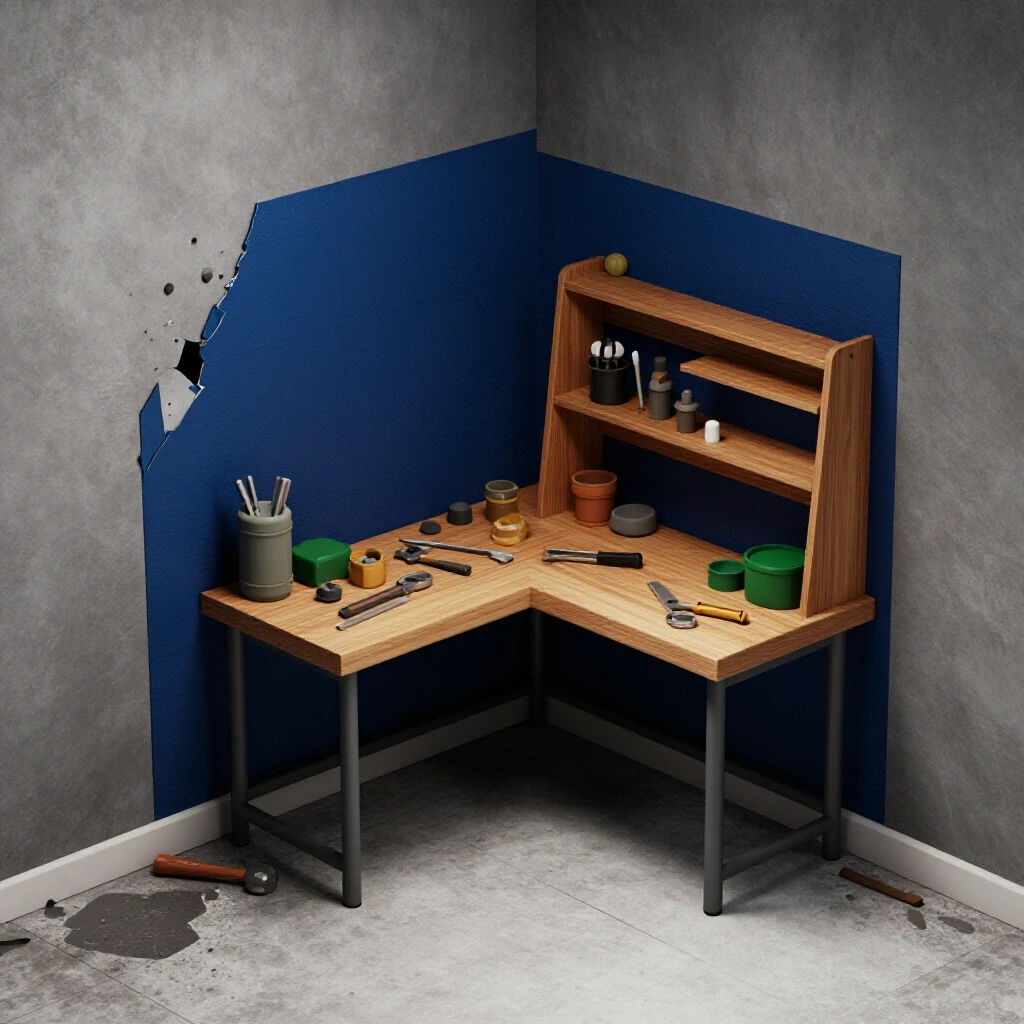 Contrast of a dark, water-damaged basement corner with a bright, inviting DIY repair workspace.