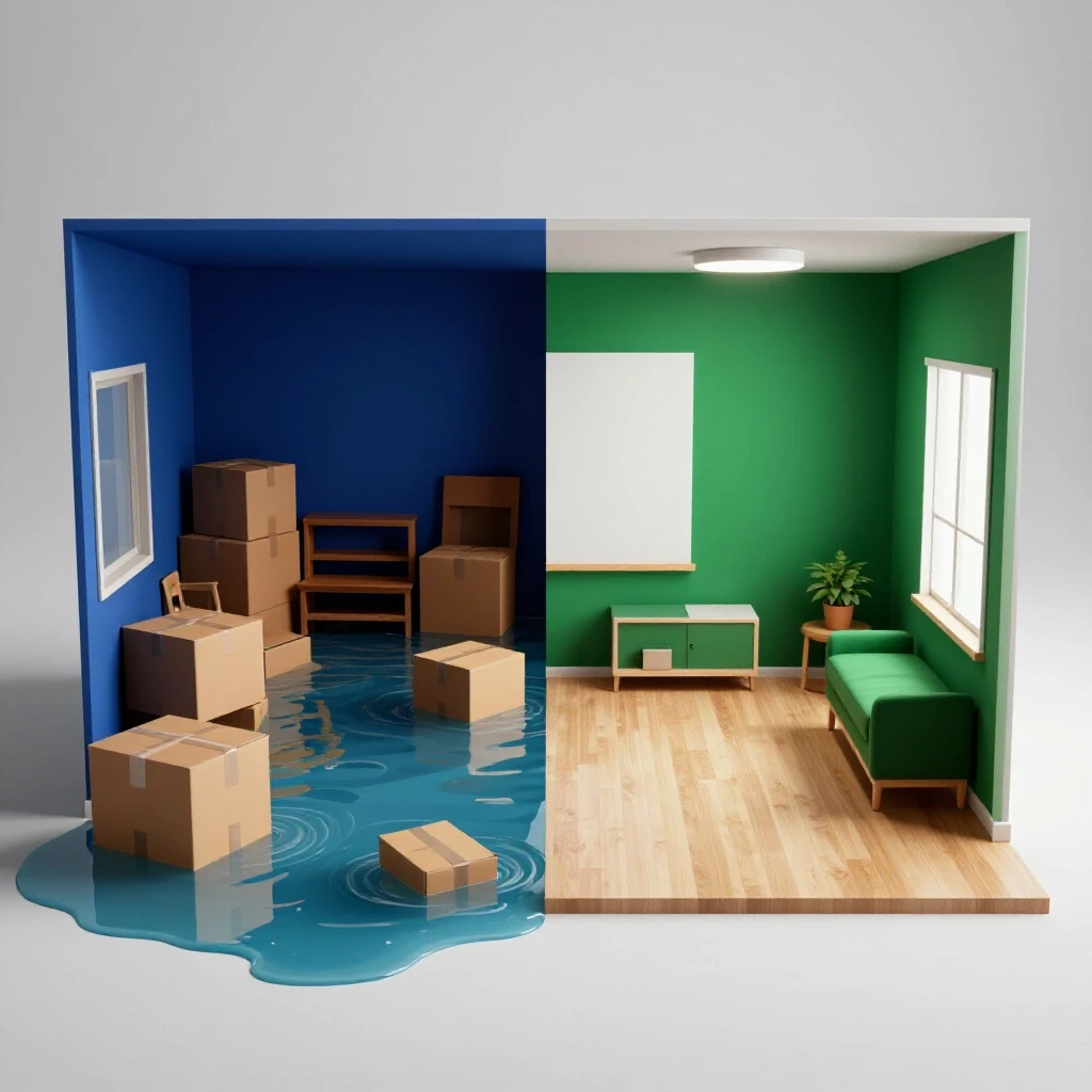 A split scene of a flooded basement versus a transformed dry basement, illustrating the process of overcoming seepage.