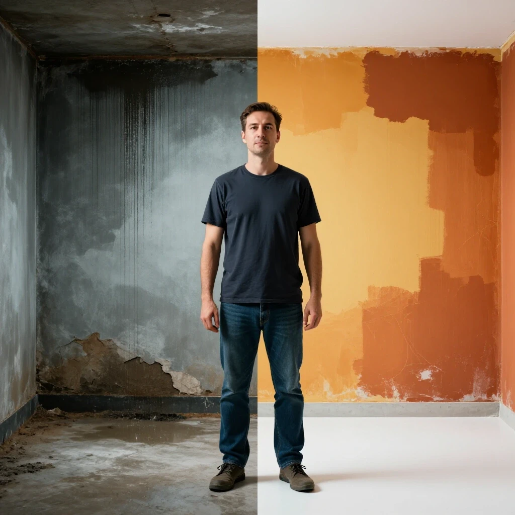 A split-image showing a damp basement wall contrasted with a beautifully repaired and vibrant wall, showcasing transformation.