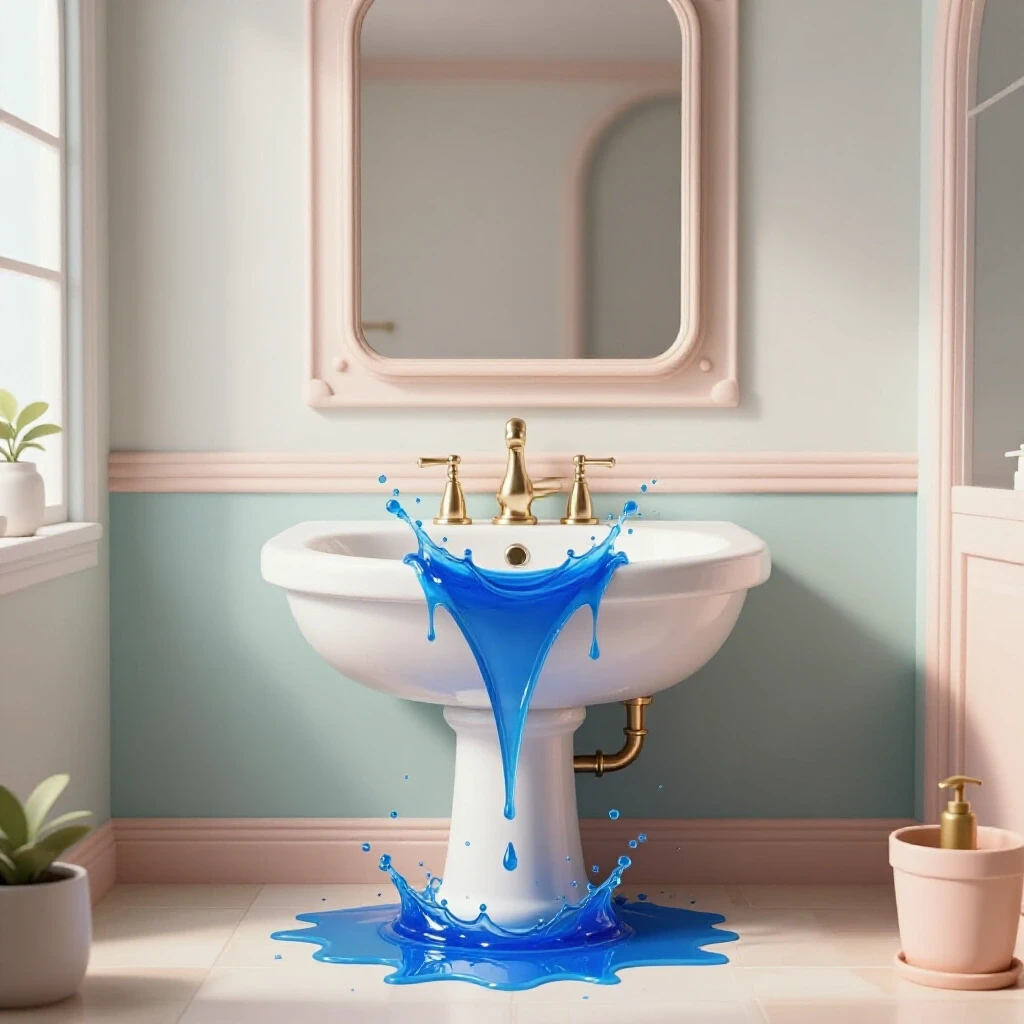 A stylish bathroom scene with an exaggerated blue water leak effect, illustrating a moisture issue.