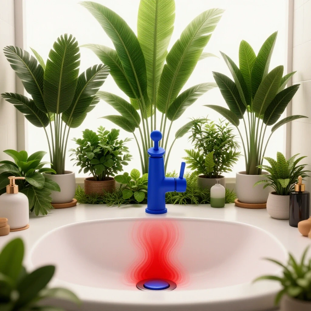 A serene bathroom scene showing a modern sink and swirling odor waves, visually representing bathroom odor issues.