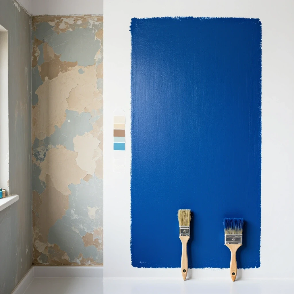 A split-image showing a peeling bathroom wall on one side and a freshly painted wall on the other, demonstrating transformation.