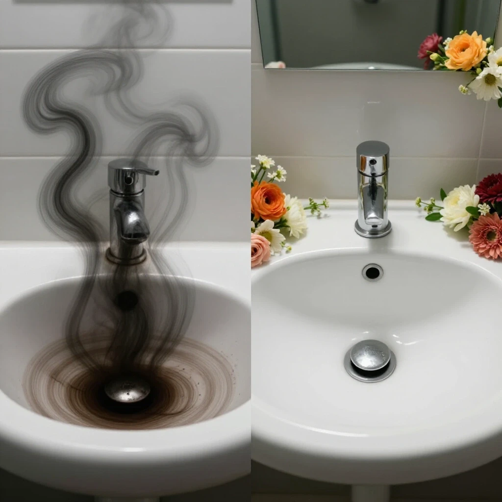 A split-screen image contrasting a dirty bathroom sink emitting odors with a clean sink adorned with flowers.