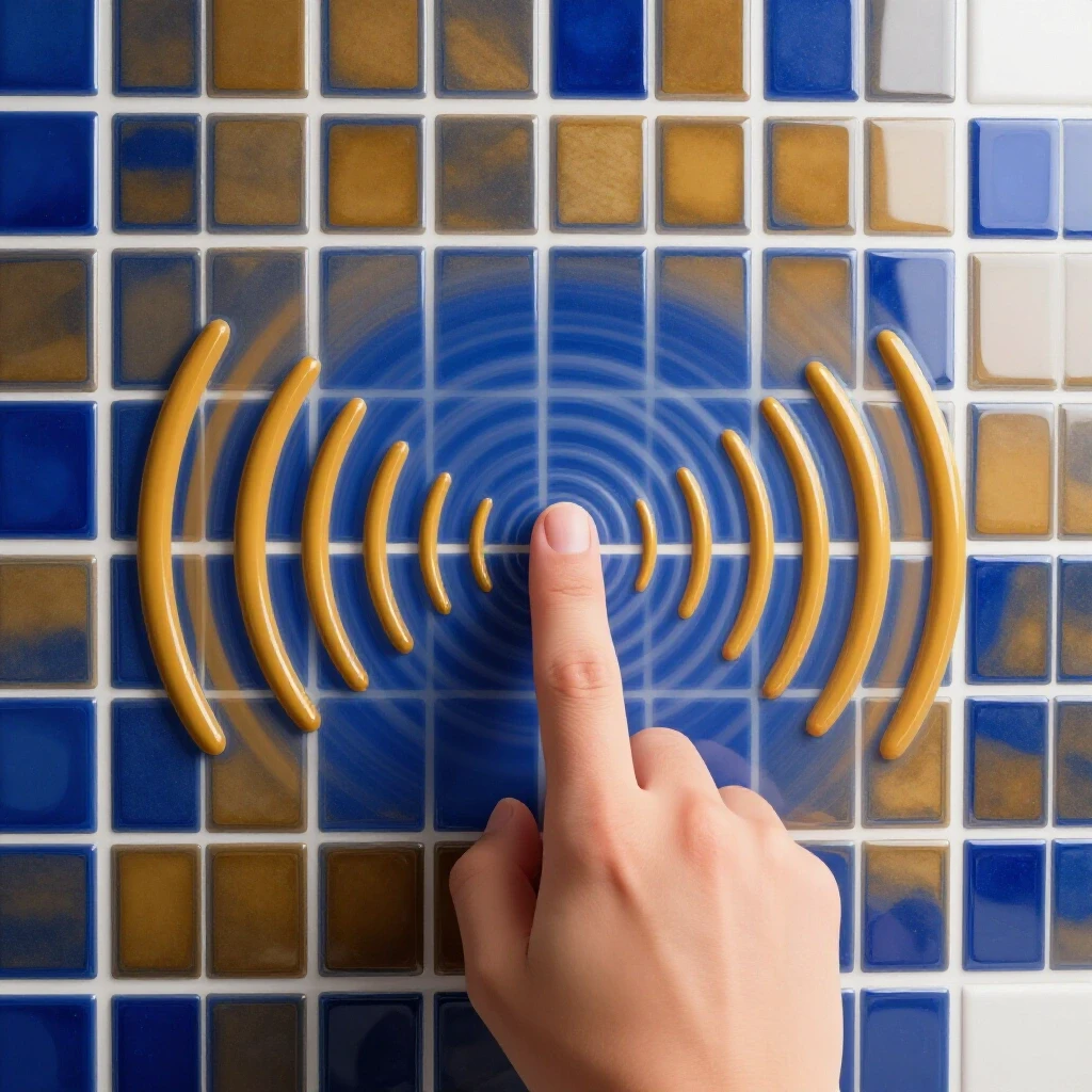 Close-up of a finger tapping on a glossy bathroom tile with illustrated sound waves in a bright setting.