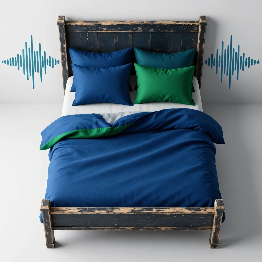 A distressed bed frame surrounded by soft pillows and cozy blankets, visually expressing sound waves of comfort and annoyance.