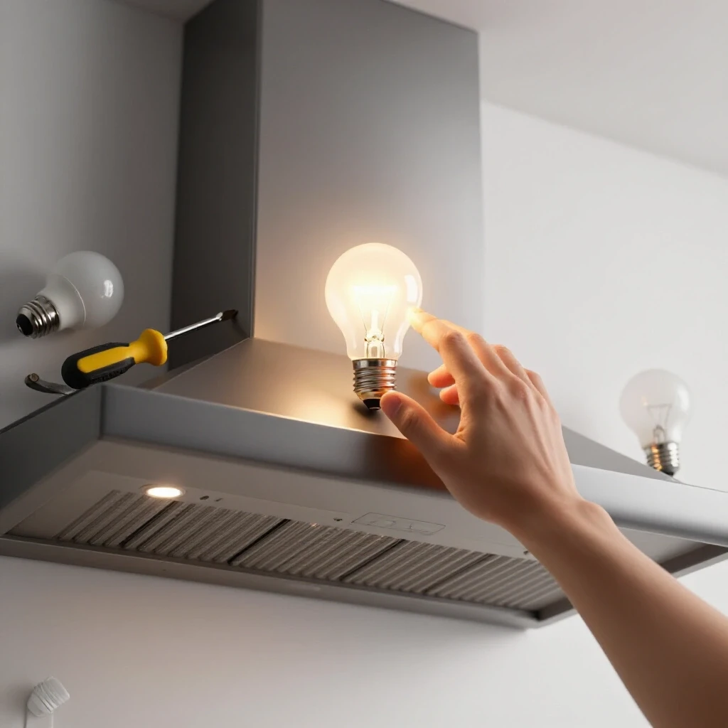 A close-up of a hand reaching towards a glowing light bulb inside a range hood, with tools nearby in a DIY setting.