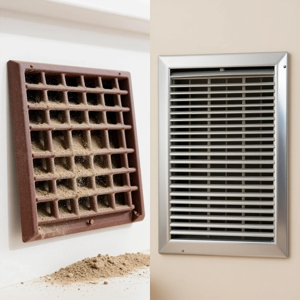 A split image showing a broken vent cover with dust and a shiny new vent cover in a bright home setting, illustrating home repair transformation.