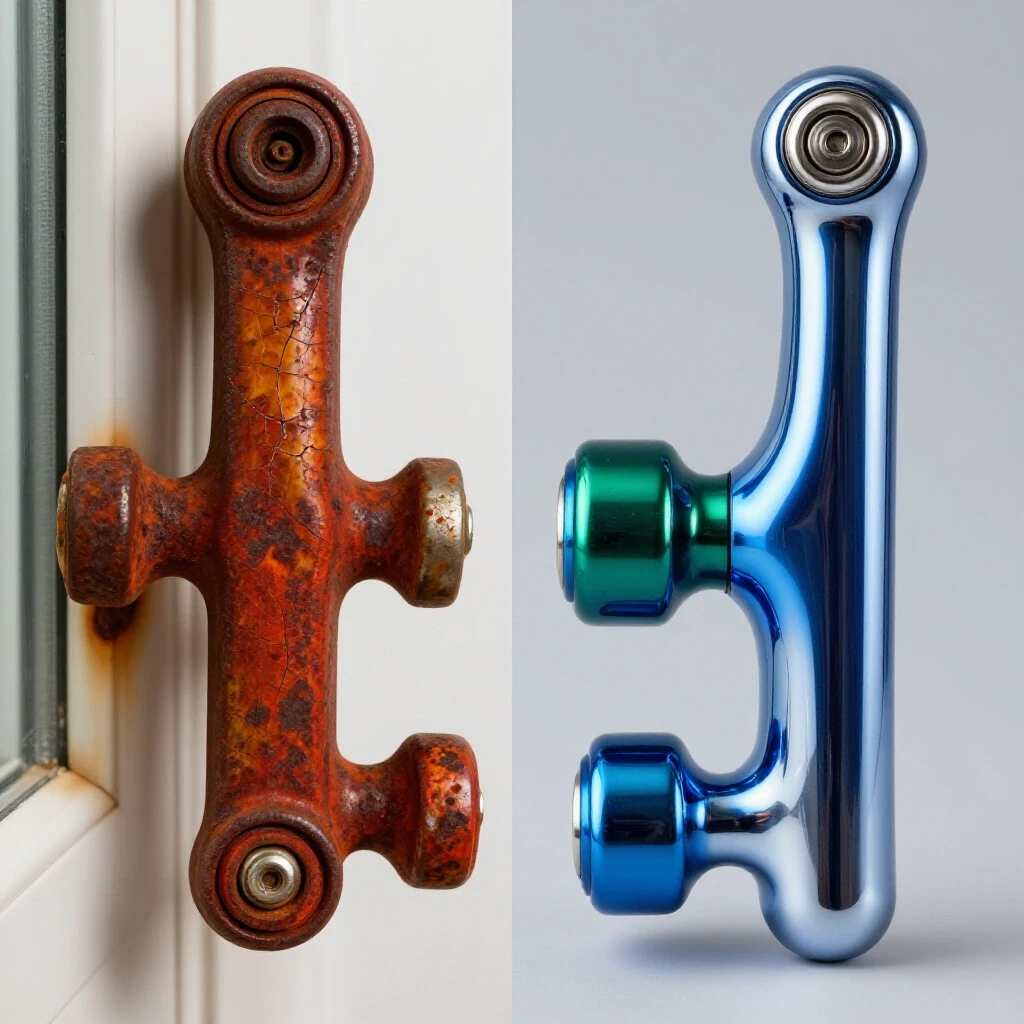 A split-screen image showing a worn-out window crank with rust and cracks on one side and a shiny new window crank on the other, showcasing repair versus replacement.
