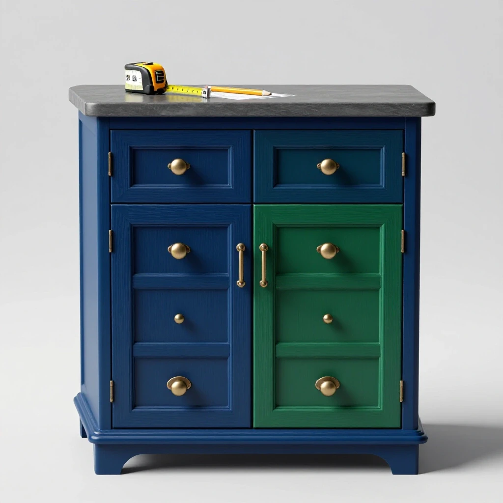 Close-up of a stylish kitchen cabinet with mismatched hardware, measuring tape, and pencil on a light grey background.