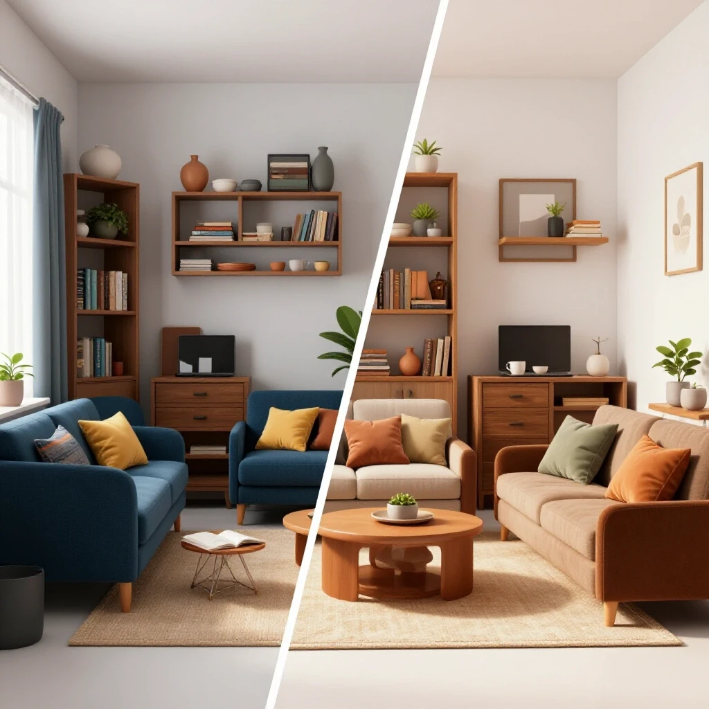 A striking before-and-after image of a room transformation, showcasing an organized, decorated space beside a cluttered one.