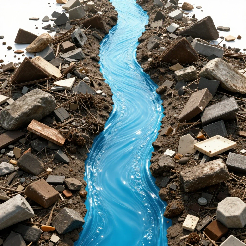 A striking visual contrast between clear blue water and a messy, clogged drainage section, symbolizing the process of unclogging an AC drain line.