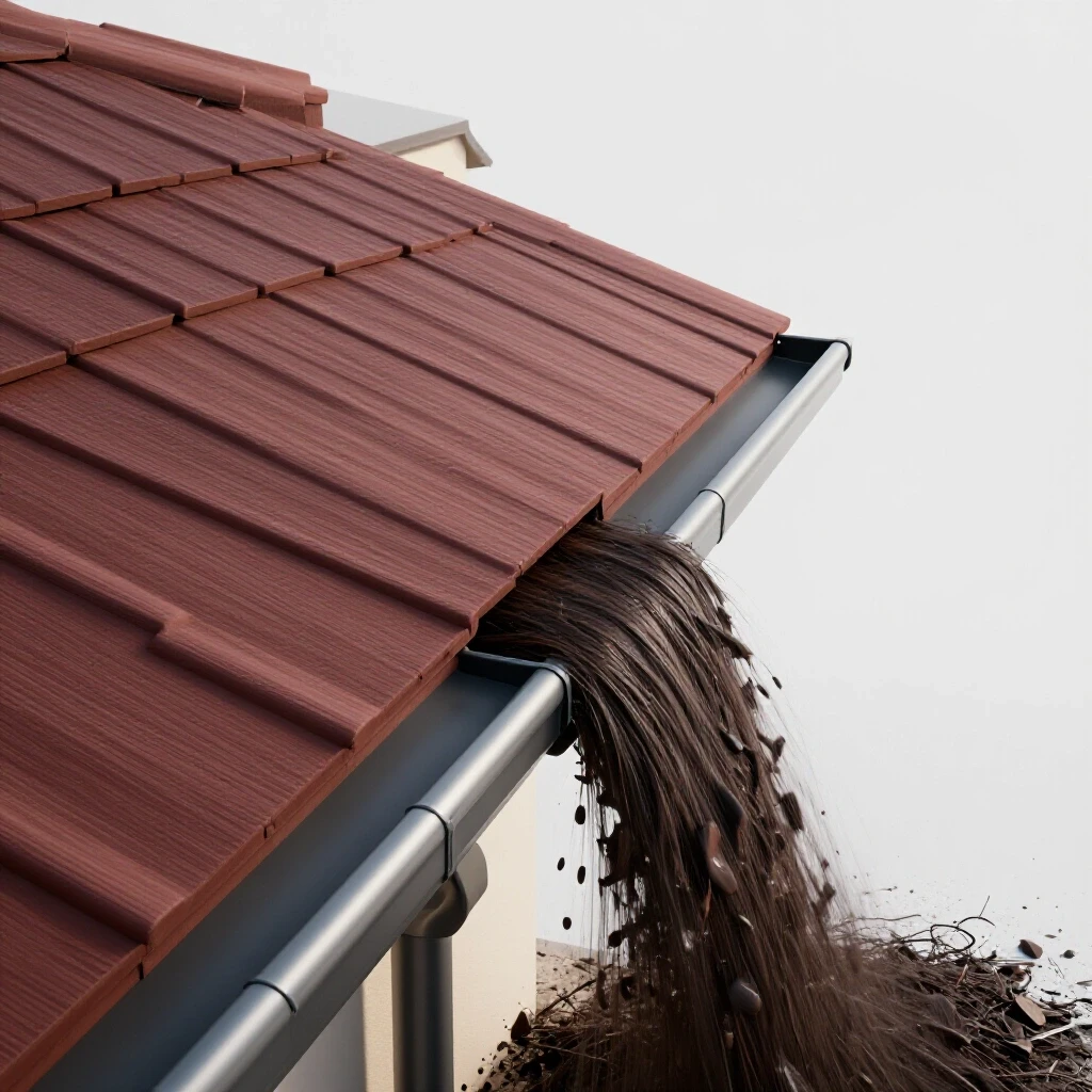 A striking visual contrast showing a well-maintained roof valley next to a chaotic, overflowing gutter, emphasizing drainage issues.