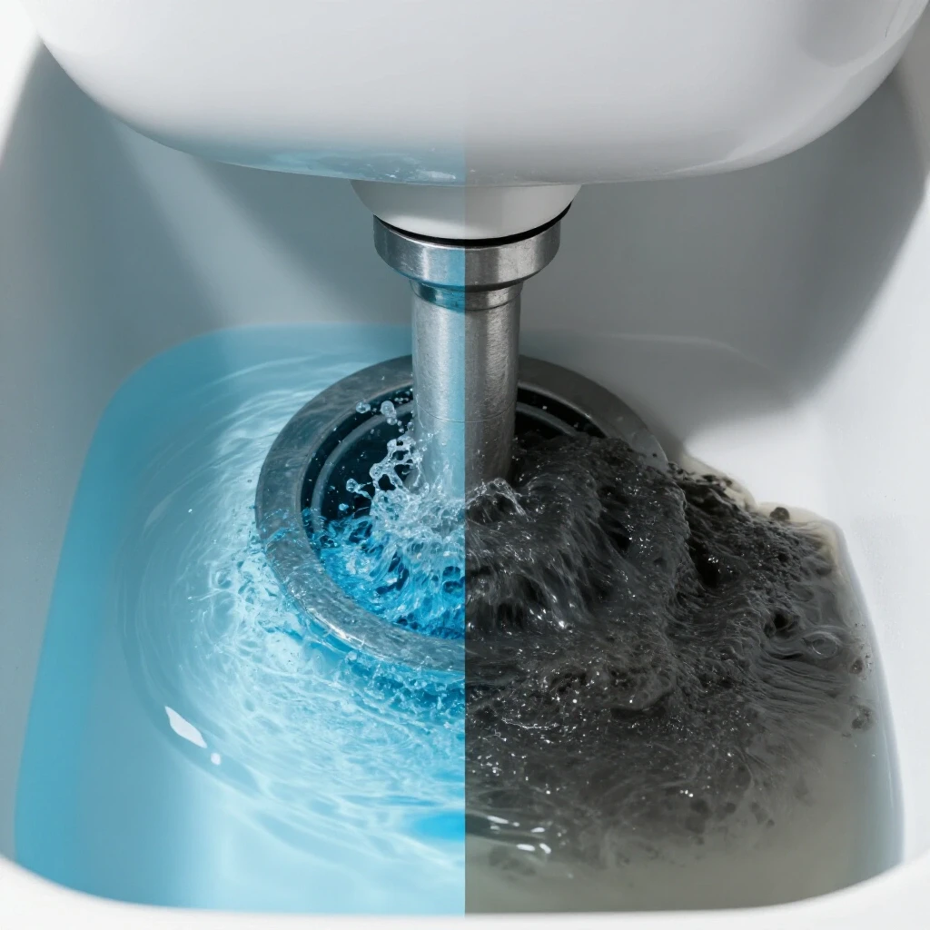 A split image showing flowing blue water on one side representing effective drainage, and a dark, overflowing sink on the other illustrating a clogged vent problem.