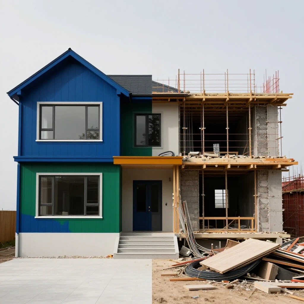 A split scene showcasing a beautifully renovated home on one side and a messy construction site on the other, highlighting renovation challenges and solutions.