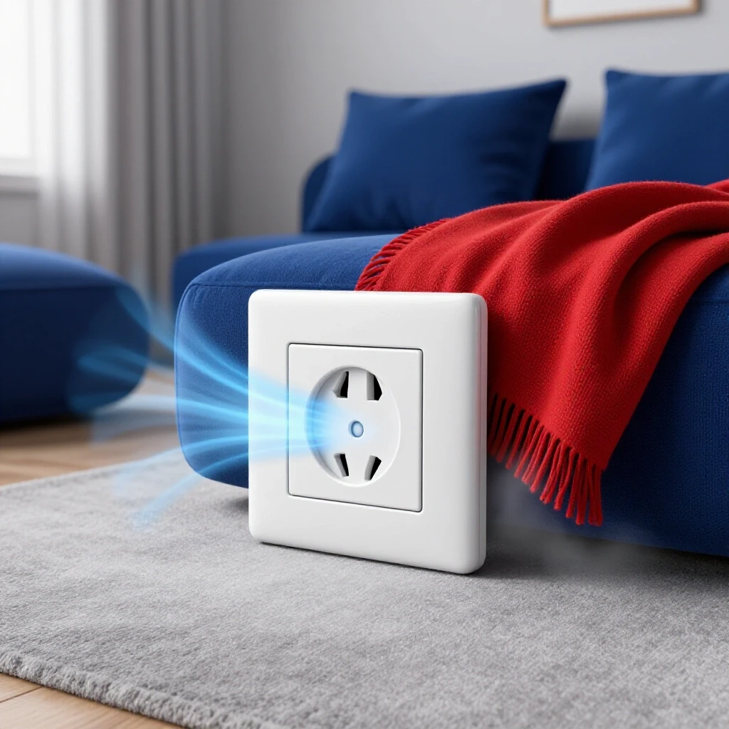 A cozy room with an electrical outlet showing cool air drafts, surrounded by plush cushions and a throw blanket.