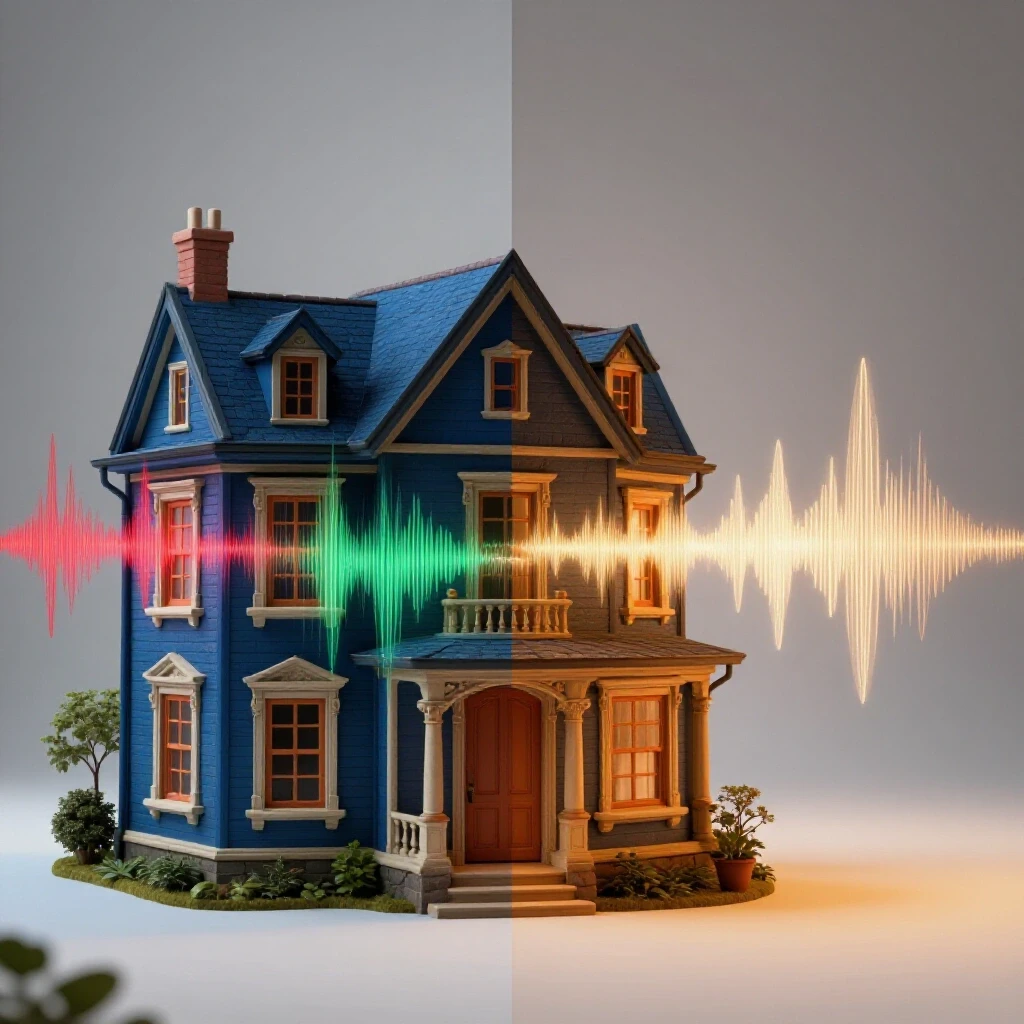 A split scene showing an old house emitting chaotic sound waves on one side, and a tranquil space with gentle sound curves on the other, illustrating noise solutions.