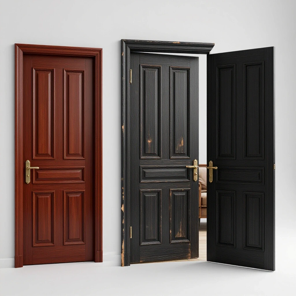 A restored door alongside a distressed door, partially open, revealing a warm, inviting interior space.