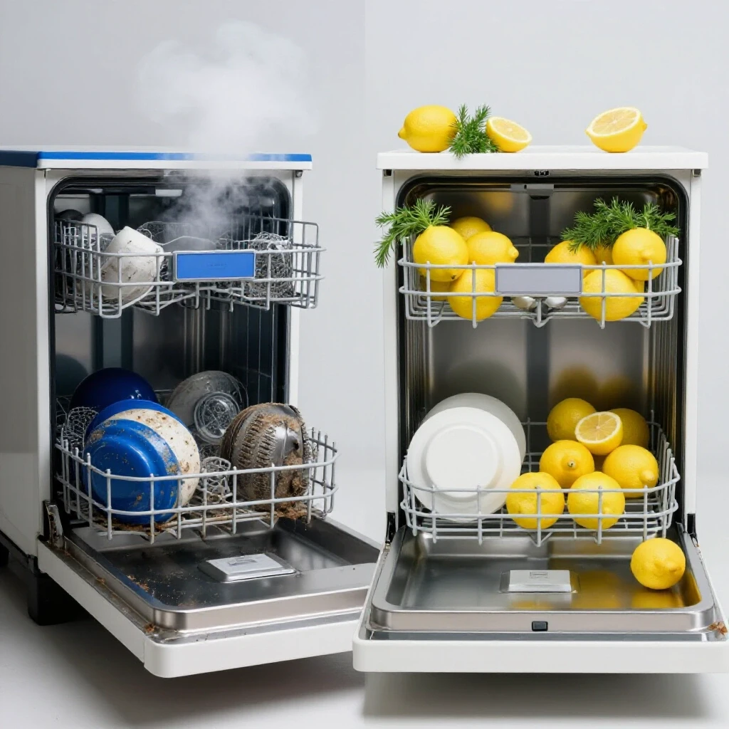 A split-image showing a grimy dishwasher with an odor cloud on the left and a sparkling clean dishwasher with lemons and herbs on the right.
