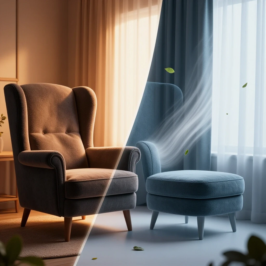 A split image showing a cozy room on one side and a cold, drafty room on the other, illustrating air movement effects.