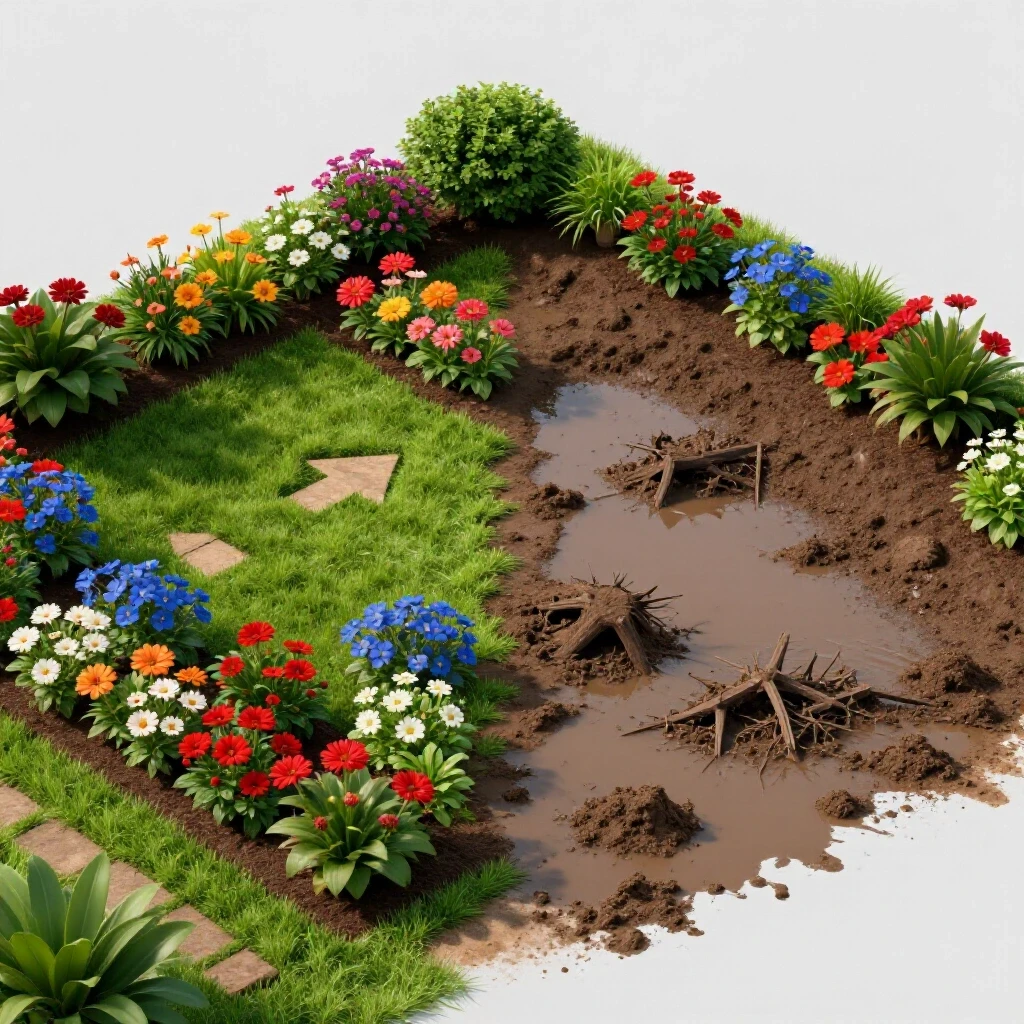 A vibrant garden juxtaposed with a chaotic waterlogged area, demonstrating effective drainage solutions.