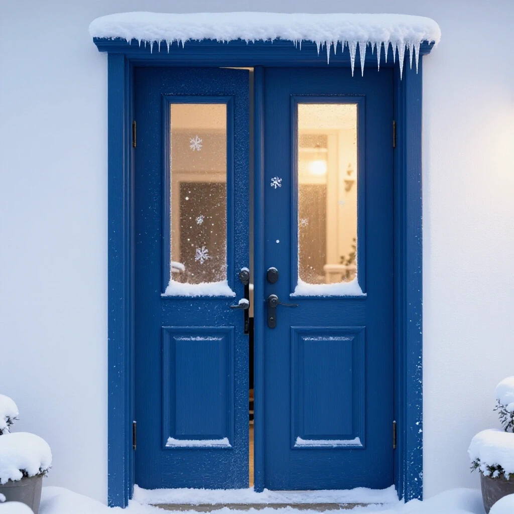 Close-up of a wintery exterior door with visible gaps, surrounded by snowflakes and icicles, with warm light emanating from inside.