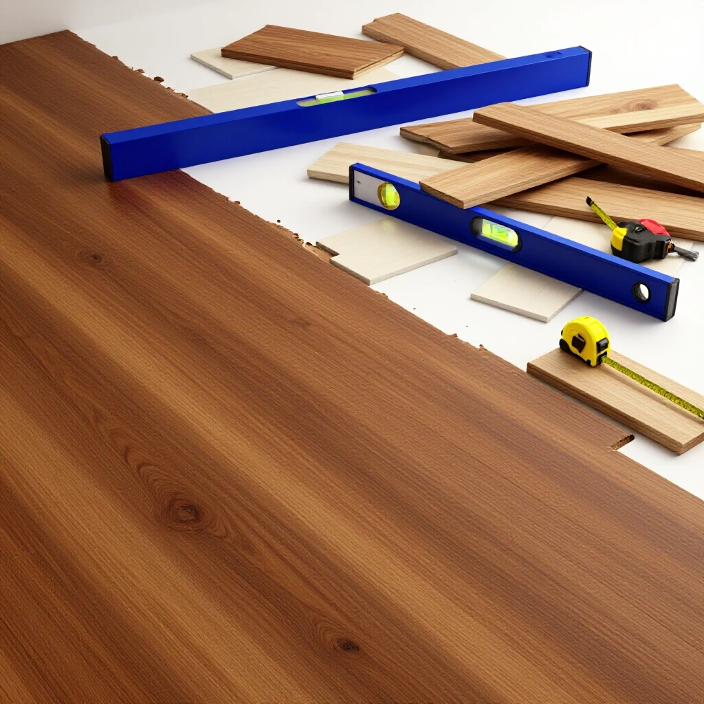 A striking comparison of a perfectly finished wooden floor against a chaotic installation scene with uneven planks and tools.