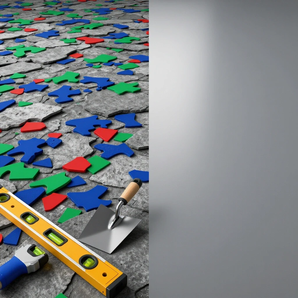 A 3D-rendered image contrasting an uneven and smooth floor, with a trowel and leveling compound, showcasing floor leveling issues.