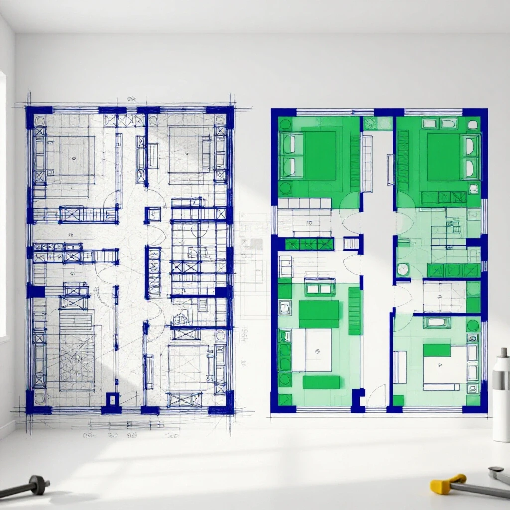 A comparative image showing a messy floor plan sketch on one side and a sleek modernized version on the other, symbolizing renovation transformation.