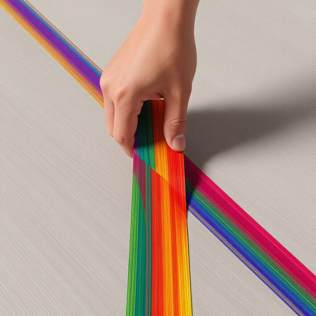 A hand lifting a colorful floor transition strip, revealing a vibrant textural contrast underneath.
