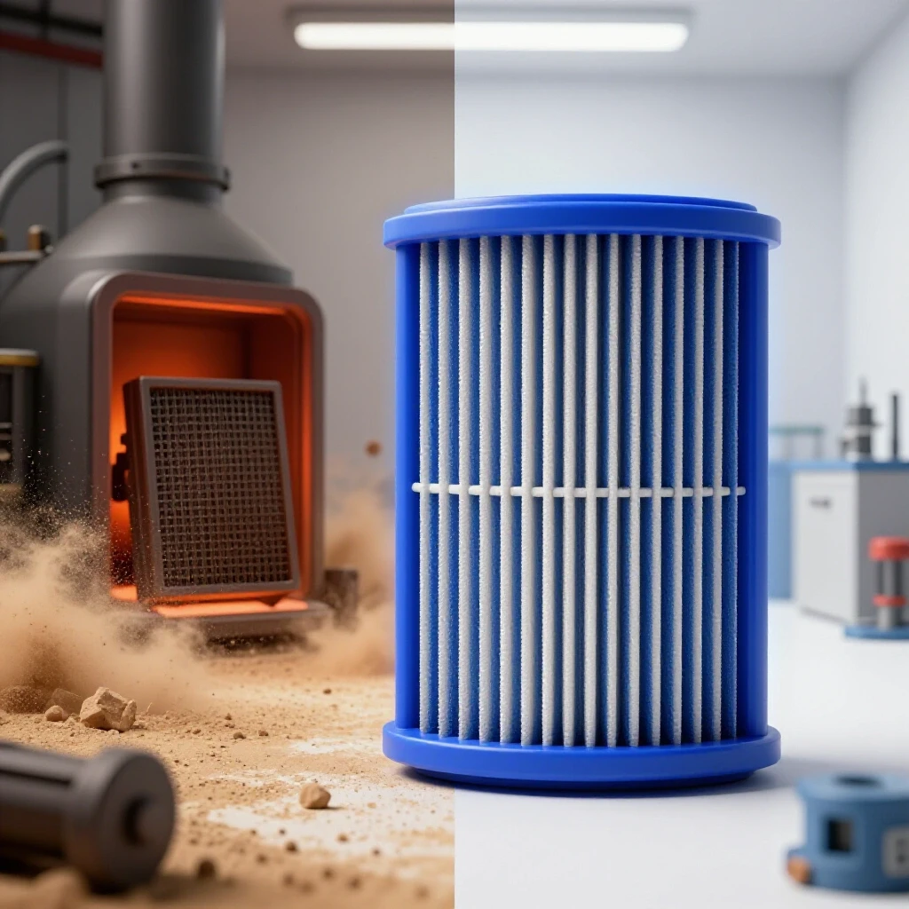 A split image showing a chaotic furnace area with an incorrect filter on one side and a clean space with the correct filter on the other, highlighting the importance of proper sizing.