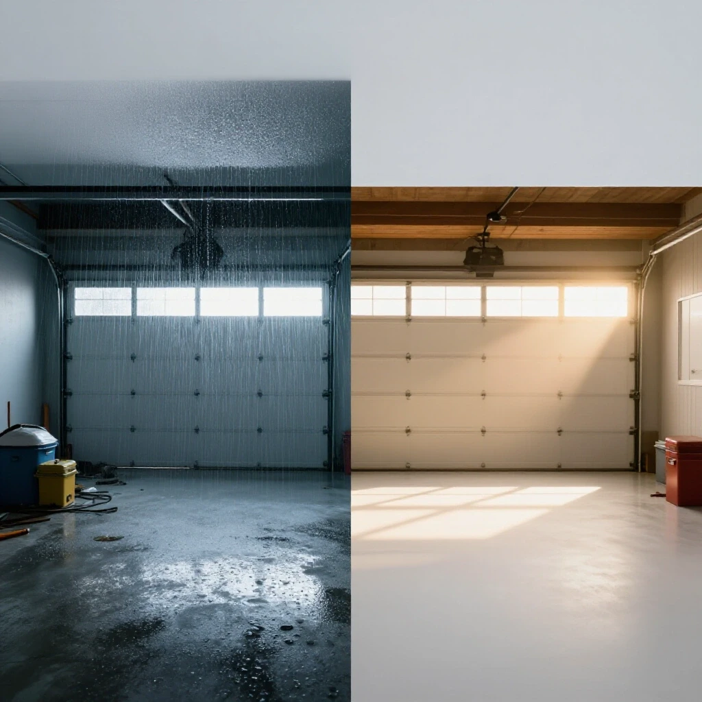 A split image showing a damp, cluttered garage on one side and a transformed, ventilated garage on the other, illustrating condensation vs. airflow.