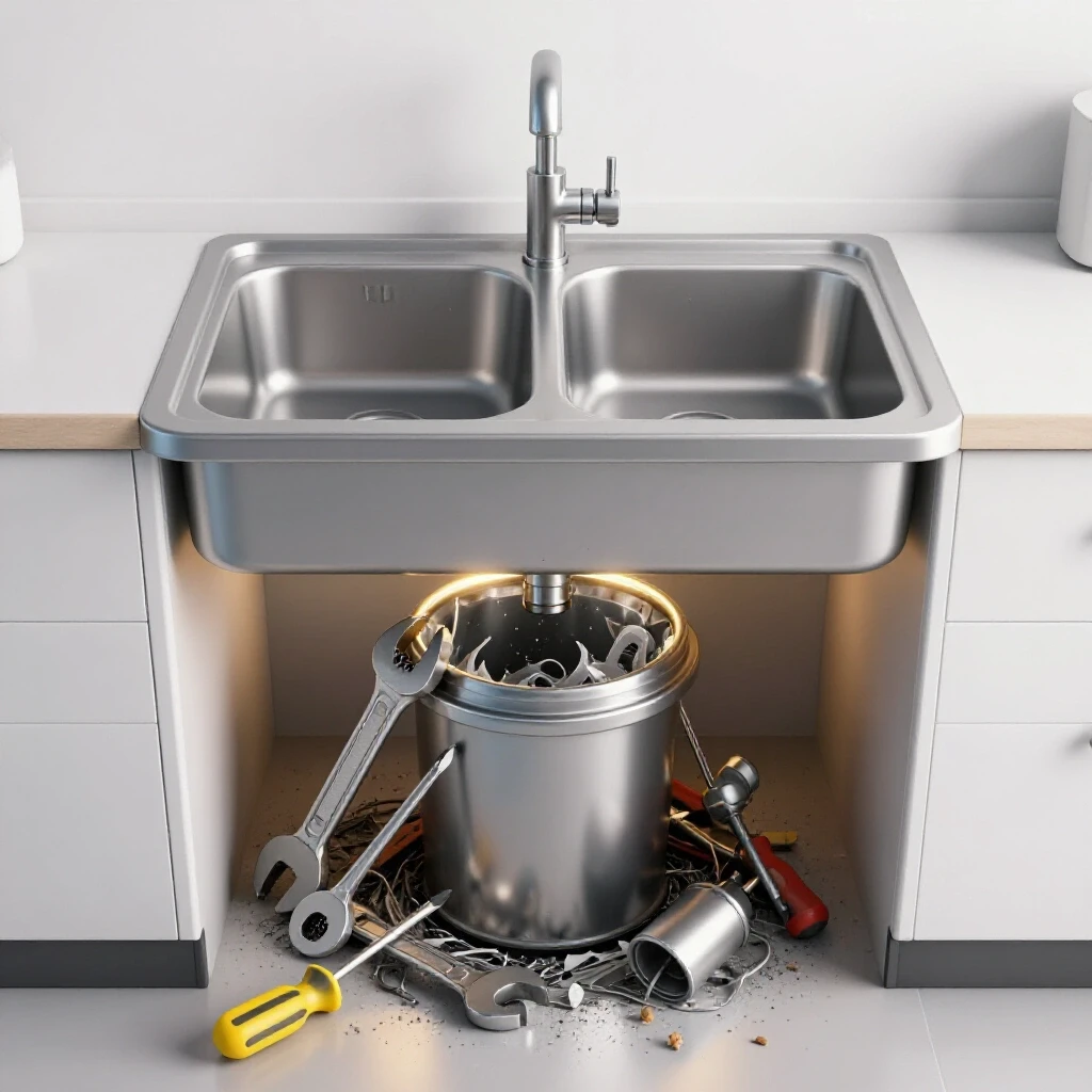 A clean kitchen sink with a chaotic garbage disposal underneath, accompanied by tools, in a brightly lit setting.