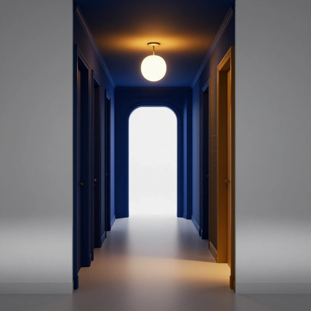 A beautifully illuminated hallway showcasing a modern light fixture, contrasting shadows and bright decor.