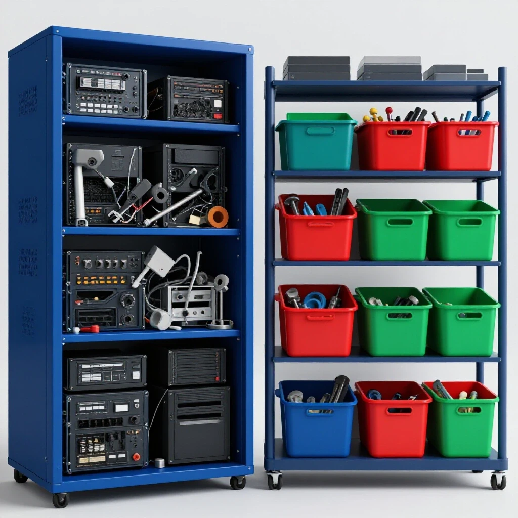 Image depicting a chaotic hardware storage system contrasted with a neat organizing solution, illustrating effective transformation.