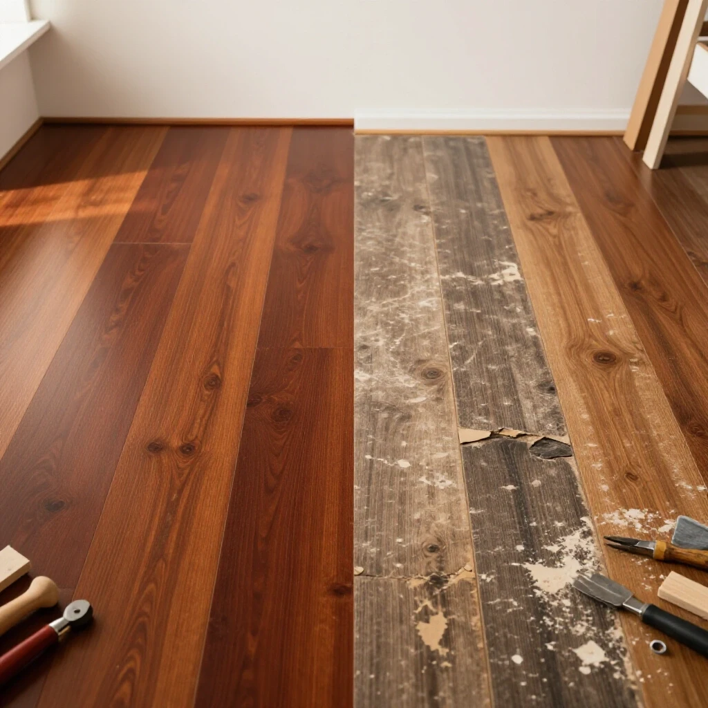 A split-image showing a beautifully restored floor next to a damaged floor, with tools subtly placed in the foreground.